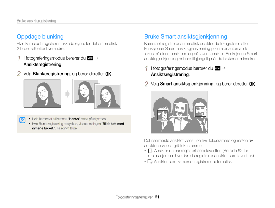 Samsung EC-WB210ZBPSE2, EC-WB210ZBPBE2 manual Oppdage blunking, Bruke Smart ansiktsgjenkjenning 