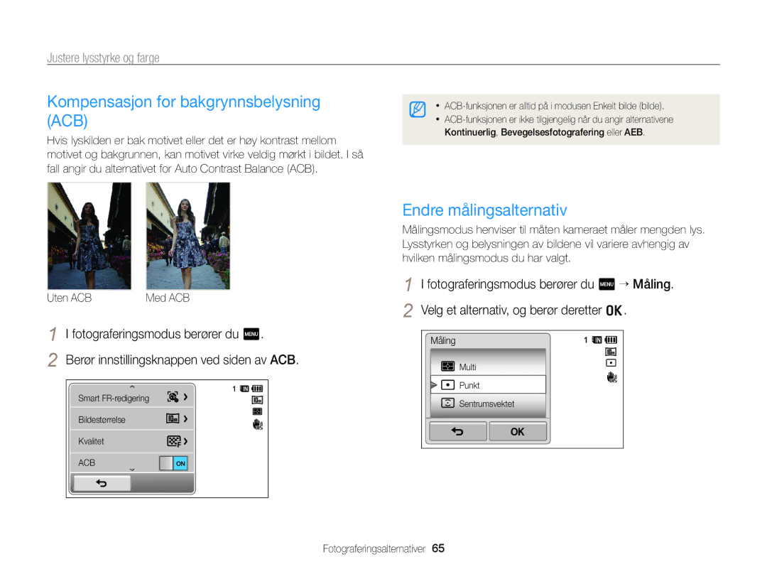 Samsung EC-WB210ZBPSE2 manual Kompensasjon for bakgrynnsbelysning ACB, Endre målingsalternativ, Justere lysstyrke og farge 