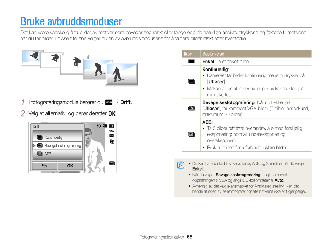 Samsung EC-WB210ZBPBE2, EC-WB210ZBPSE2 manual Bruke avbruddsmoduser 