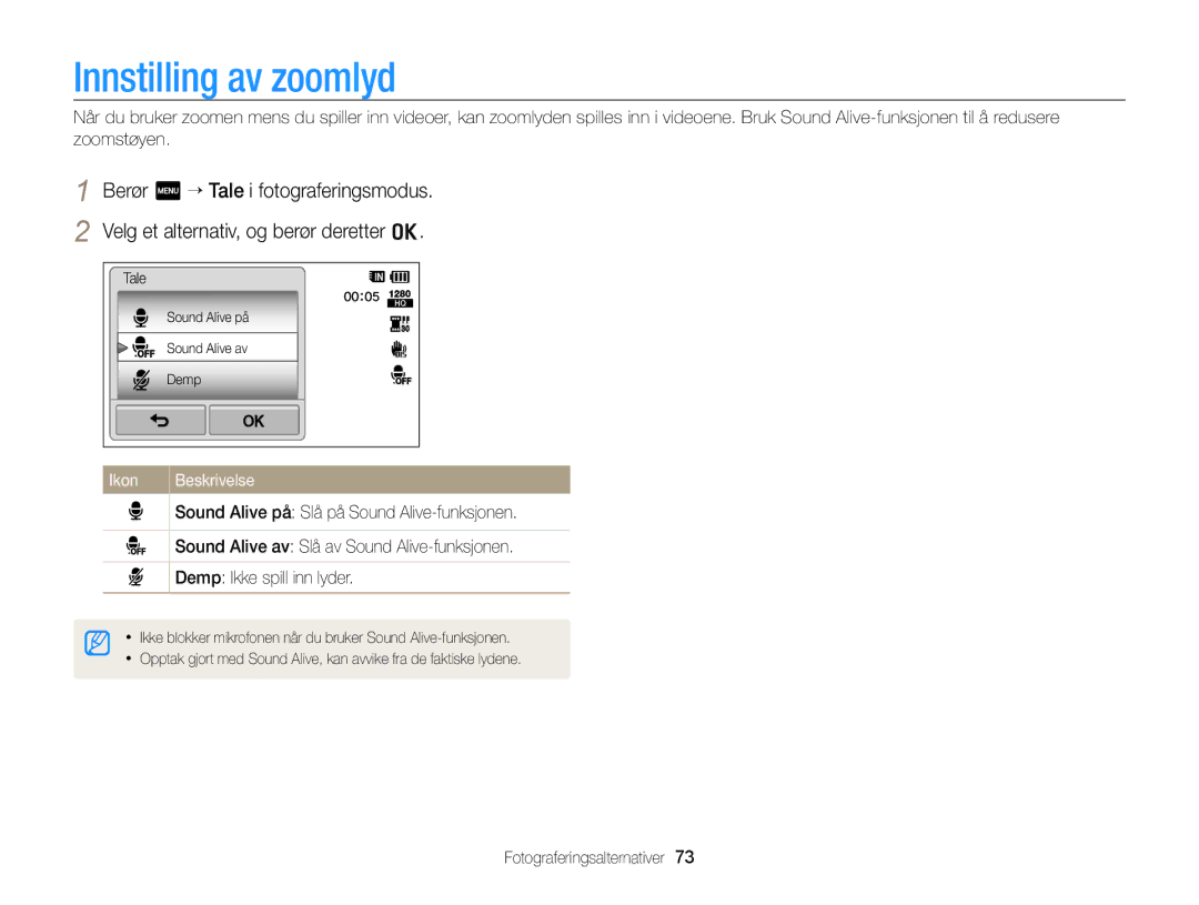 Samsung EC-WB210ZBPSE2, EC-WB210ZBPBE2 manual Innstilling av zoomlyd, Ikon Beskrivelse 