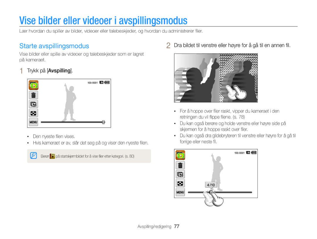 Samsung EC-WB210ZBPSE2 manual Vise bilder eller videoer i avspillingsmodus, Starte avspillingsmodus, Trykk på Avspilling 