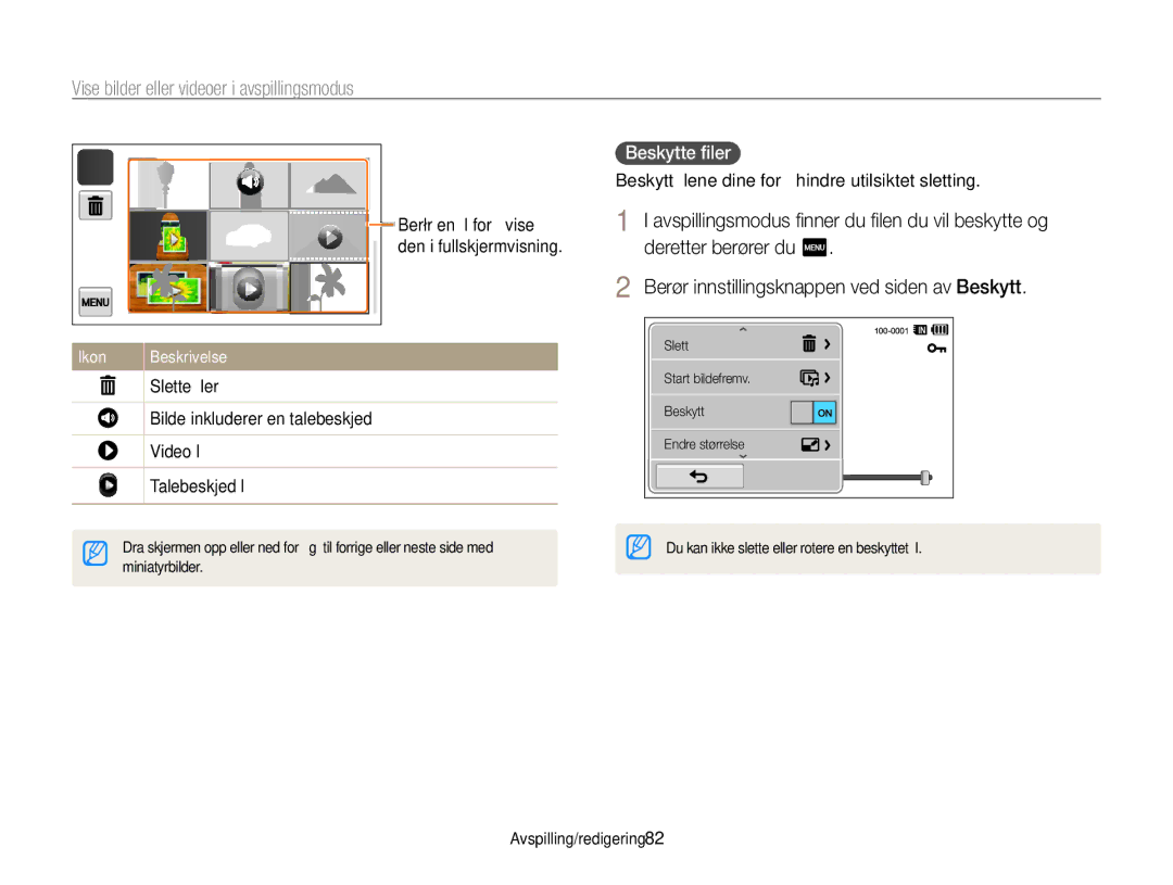 Samsung EC-WB210ZBPBE2, EC-WB210ZBPSE2 manual Beskytte ﬁler, Slette ﬁler, Videoﬁl, Talebeskjedﬁl 