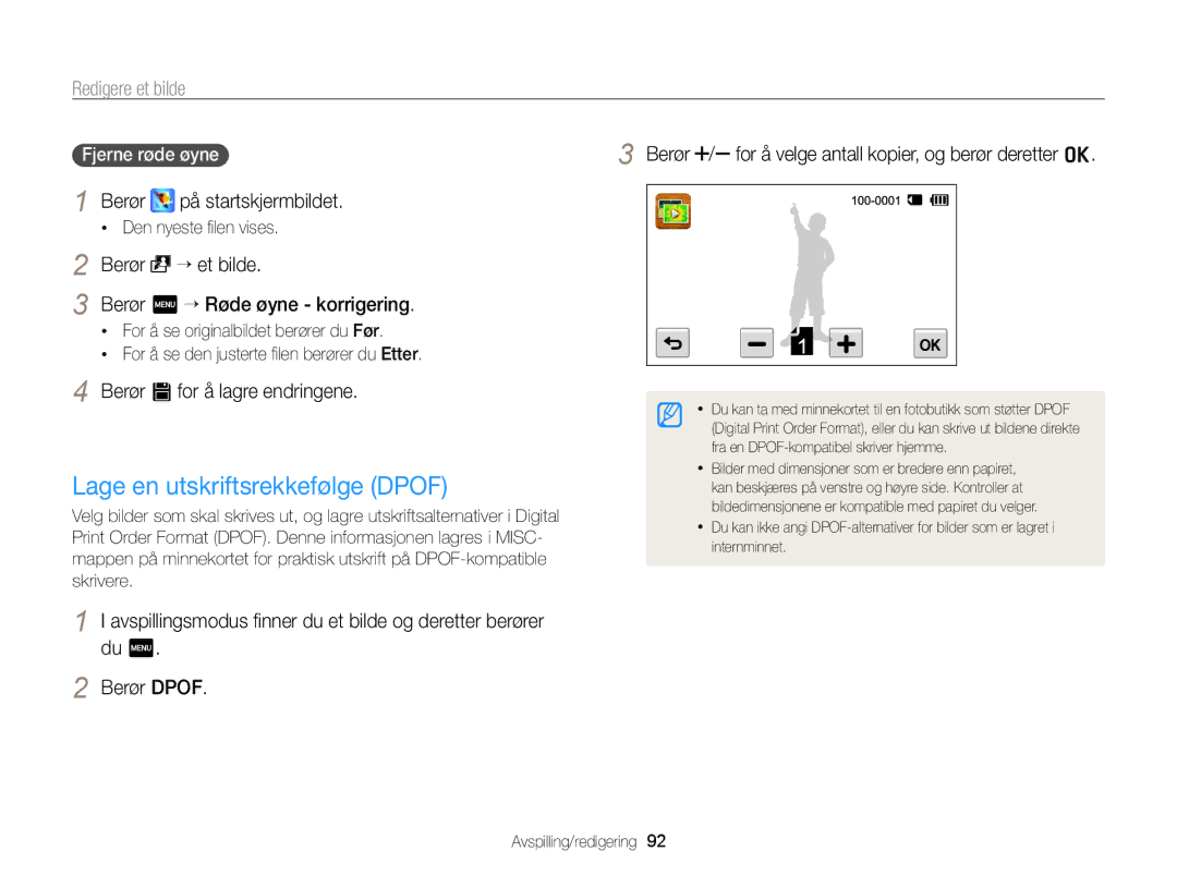 Samsung EC-WB210ZBPBE2, EC-WB210ZBPSE2 manual Lage en utskriftsrekkefølge Dpof, Berør “ et bilde, Fjerne røde øyne 