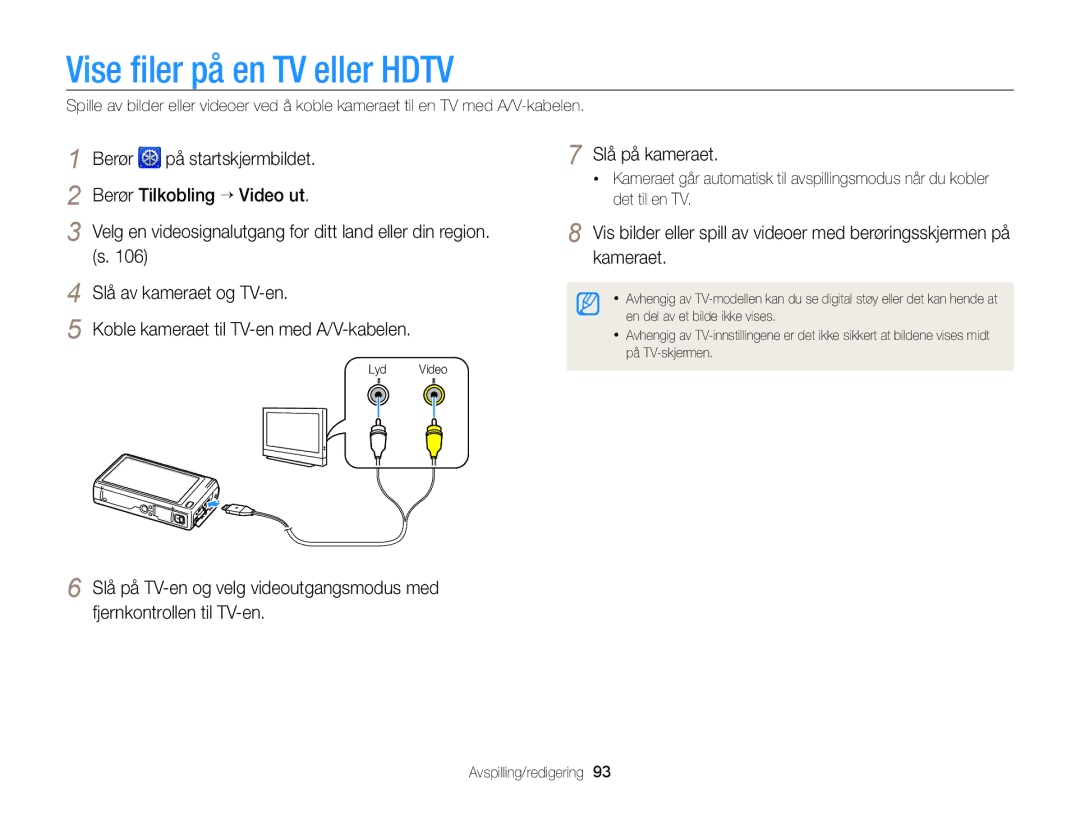 Samsung EC-WB210ZBPSE2 manual Vise ﬁler på en TV eller Hdtv, Berør På startskjermbildet Berør Tilkobling “ Video ut 