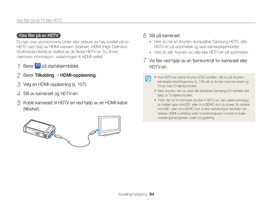 Samsung EC-WB210ZBPBE2 manual Vise ﬁler på en TV eller Hdtv, Berør Tilkobling “ HDMI-oppløsning, Velg en HDMI-oppløsning s 