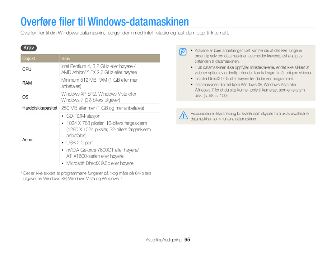 Samsung EC-WB210ZBPSE2, EC-WB210ZBPBE2 manual Overføre ﬁler til Windows-datamaskinen, Objekt Krav 