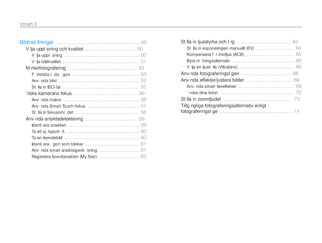 Samsung EC-WB210ZBPBE2, EC-WB210ZBPSE2 manual Innehåll 