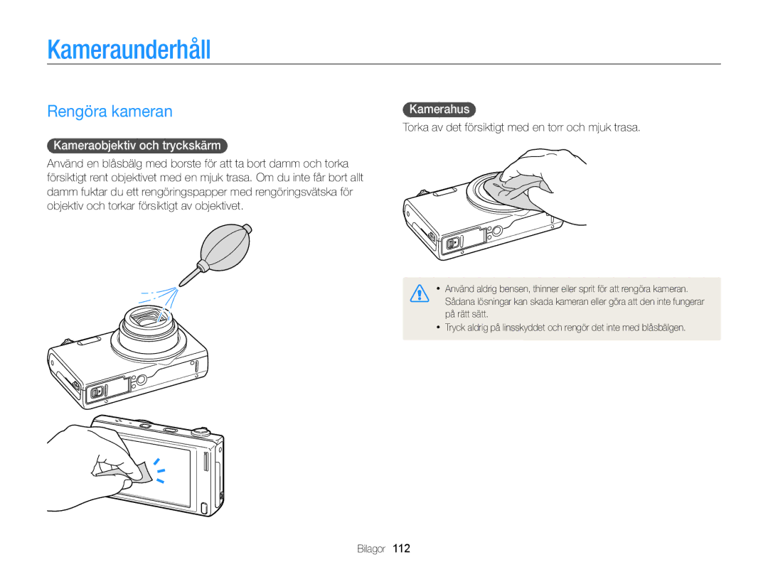 Samsung EC-WB210ZBPBE2, EC-WB210ZBPSE2 manual Kameraunderhåll, Rengöra kameran, Kameraobjektiv och tryckskärm, Kamerahus 