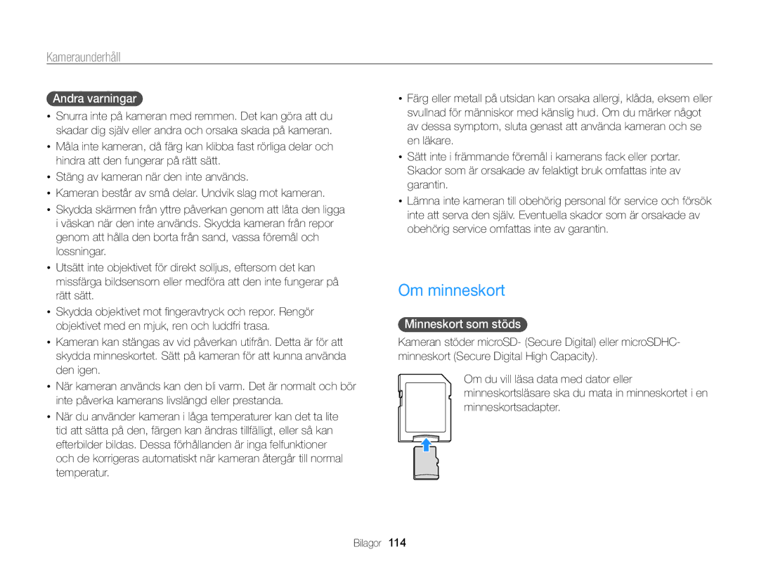 Samsung EC-WB210ZBPBE2, EC-WB210ZBPSE2 manual Om minneskort, Andra varningar, Minneskort som stöds 