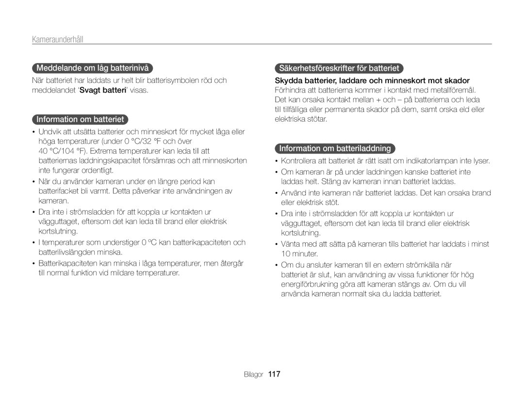 Samsung EC-WB210ZBPSE2 manual Meddelande om låg batterinivå, Information om batteriet, Säkerhetsföreskrifter för batteriet 