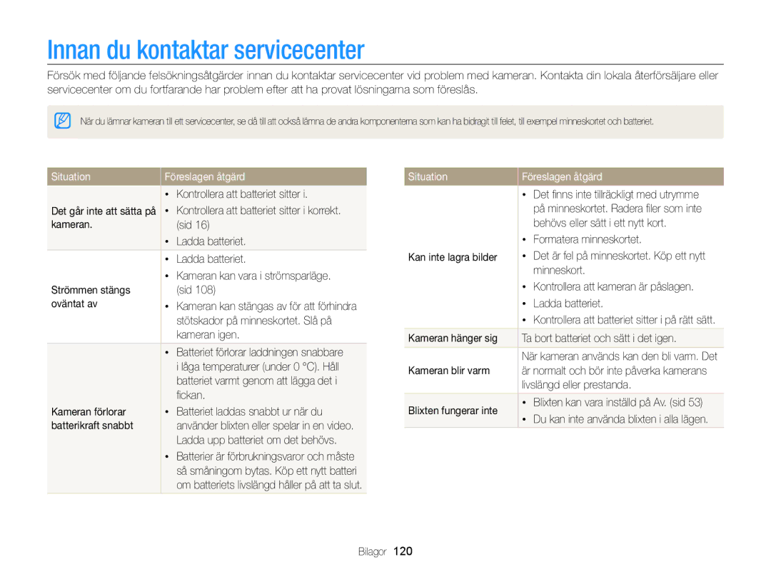 Samsung EC-WB210ZBPBE2, EC-WB210ZBPSE2 manual Innan du kontaktar servicecenter, Situation Föreslagen åtgärd 