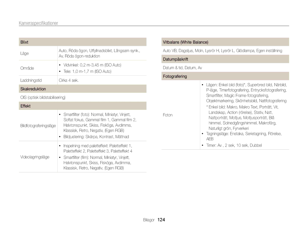 Samsung EC-WB210ZBPBE2, EC-WB210ZBPSE2 manual Kameraspeciﬁkationer 