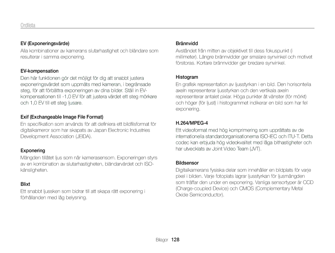 Samsung EC-WB210ZBPBE2, EC-WB210ZBPSE2 manual Ordlista 