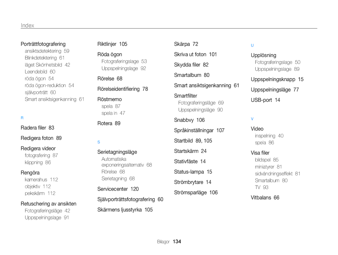 Samsung EC-WB210ZBPBE2, EC-WB210ZBPSE2 Fotografering 87 klippning, Kamerahus 112 objektiv 112 pekskärm, Spela 87 spela 