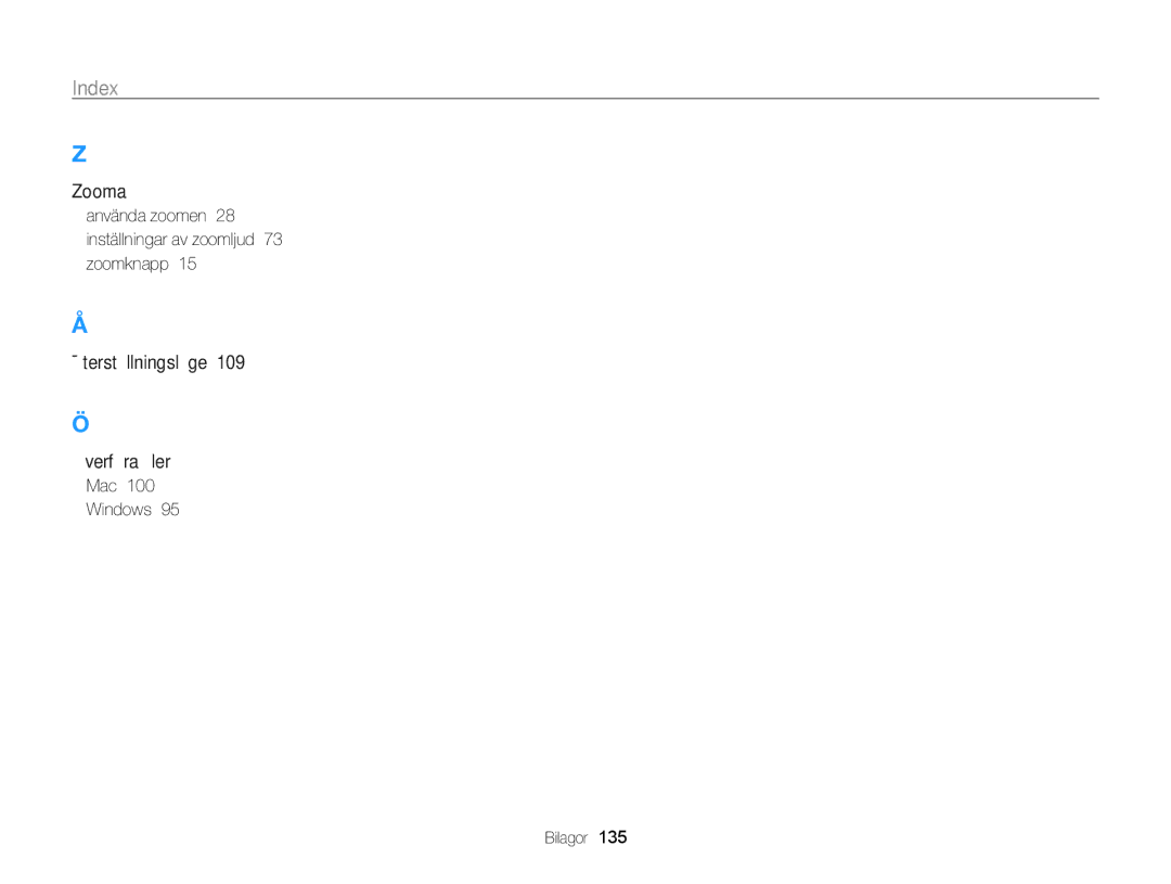 Samsung EC-WB210ZBPSE2, EC-WB210ZBPBE2 manual Använda zoomen 28 inställningar av zoomljud 73 zoomknapp, Mac Windows Bilagor 