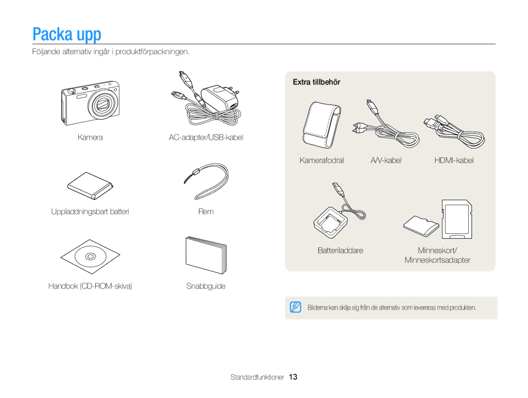 Samsung EC-WB210ZBPSE2, EC-WB210ZBPBE2 manual Packa upp, Standardfunktioner 