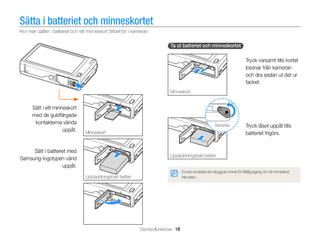 Samsung EC-WB210ZBPBE2 manual Sätta i batteriet och minneskortet, Sätt i batteriet med Samsung-logotypen vänd uppåt 