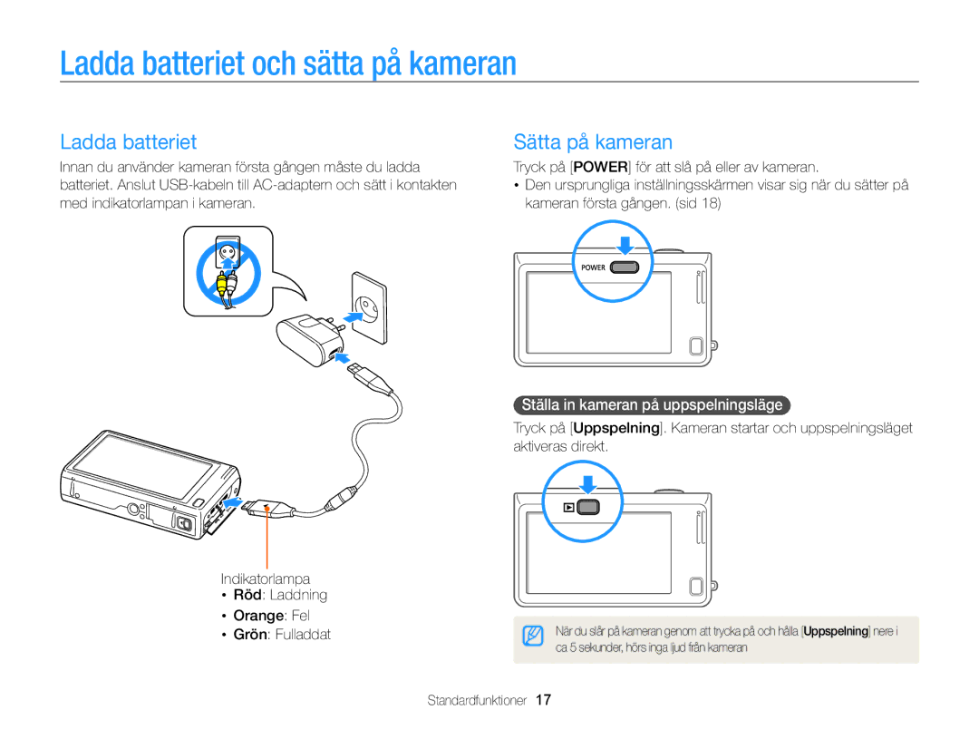 Samsung EC-WB210ZBPSE2 manual Ladda batteriet och sätta på kameran, Sätta på kameran, Ställa in kameran på uppspelningsläge 