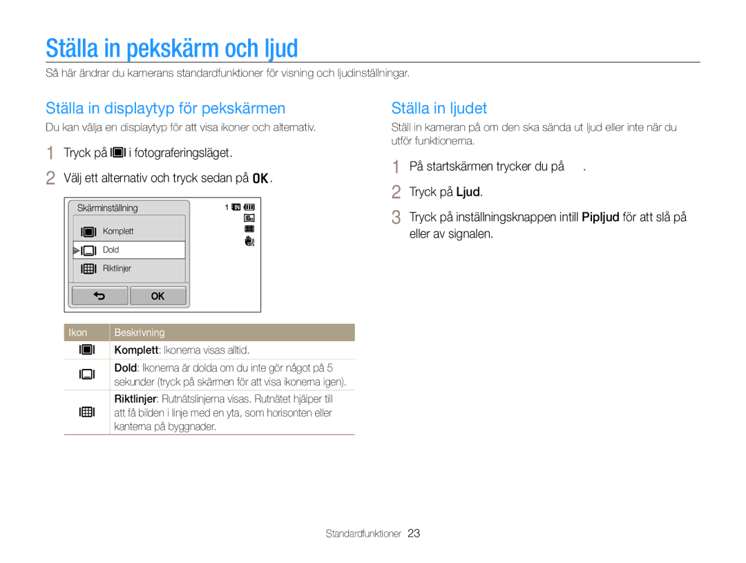 Samsung EC-WB210ZBPSE2, EC-WB210ZBPBE2 Ställa in pekskärm och ljud, Ställa in displaytyp för pekskärmen, Ställa in ljudet 