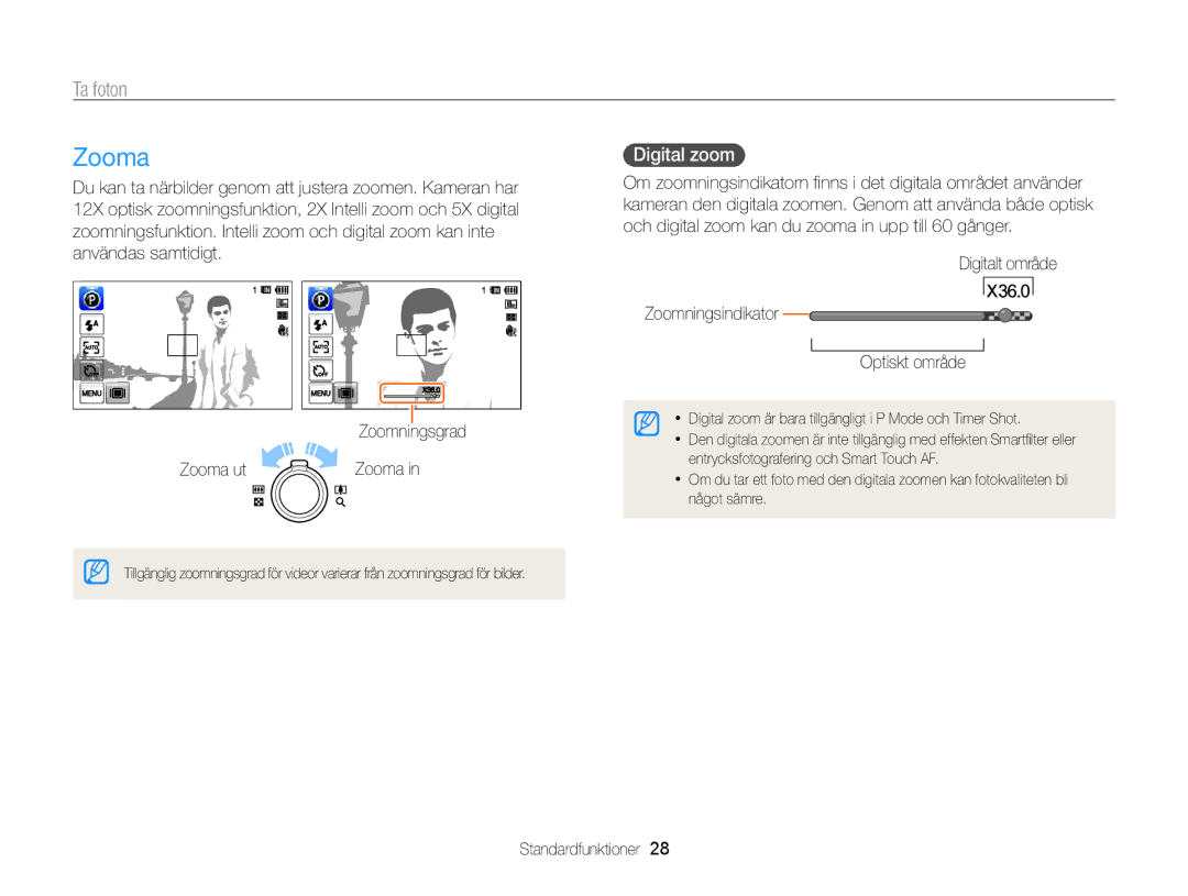 Samsung EC-WB210ZBPBE2, EC-WB210ZBPSE2 Zooma, Ta foton, Digital zoom, Digitalt område Zoomningsindikator Optiskt område 