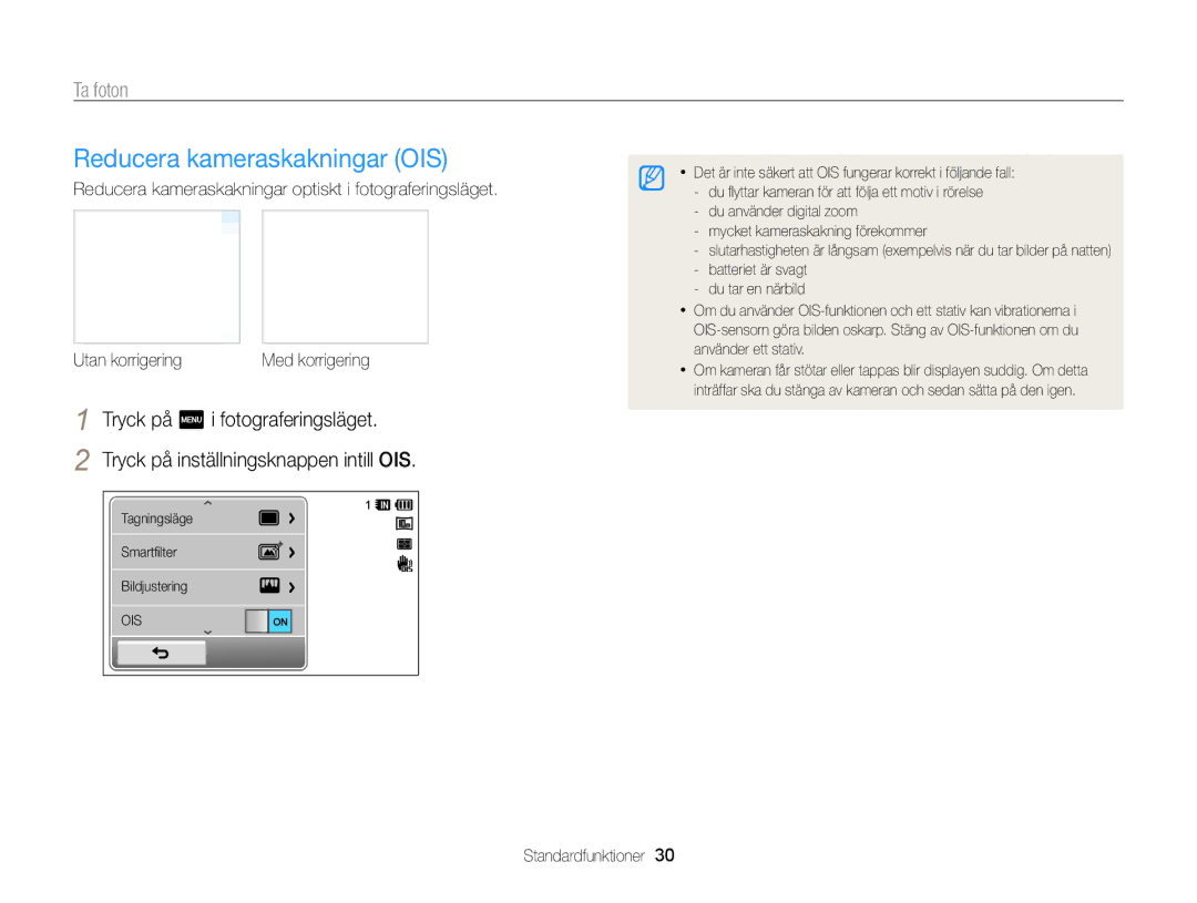 Samsung EC-WB210ZBPBE2, EC-WB210ZBPSE2 manual Reducera kameraskakningar OIS 