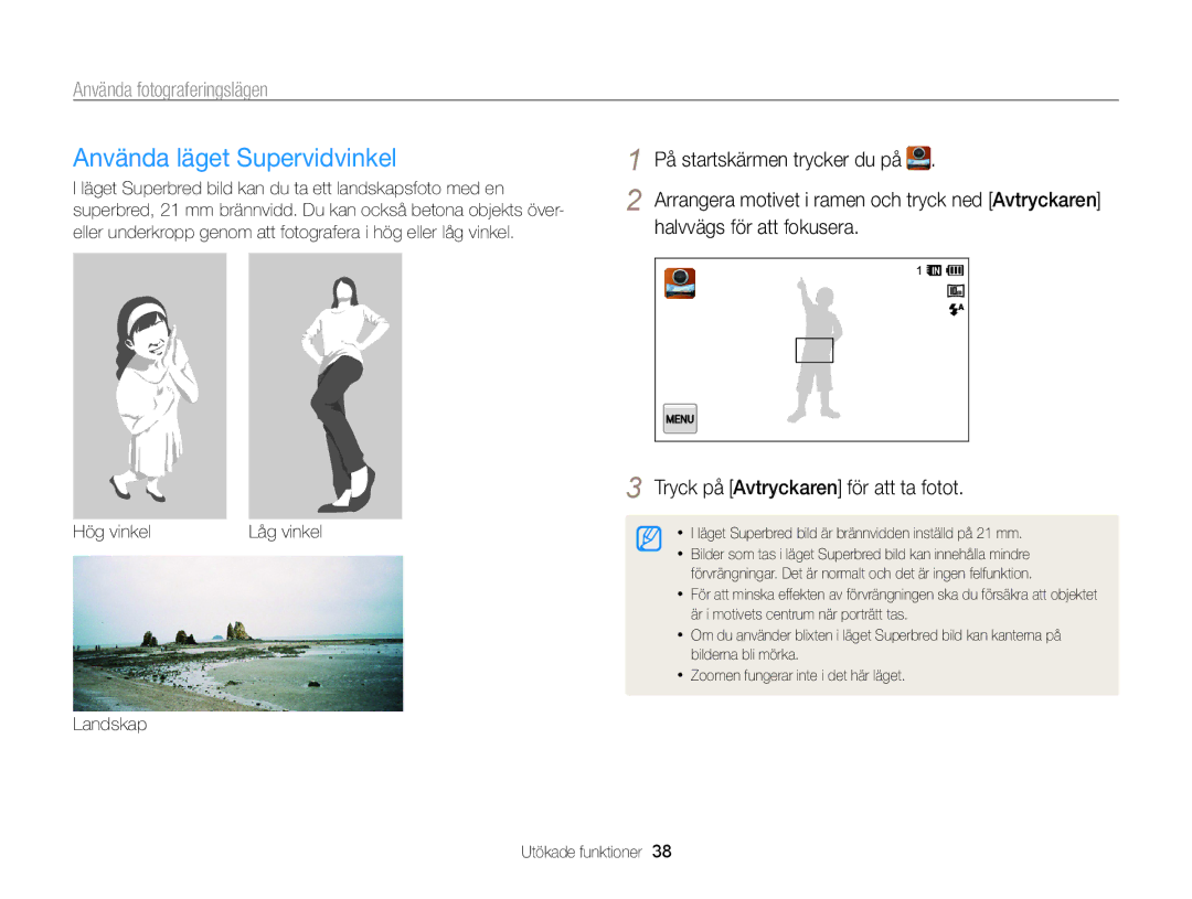 Samsung EC-WB210ZBPBE2, EC-WB210ZBPSE2 manual Använda läget Supervidvinkel, Hög vinkel, Landskap Utökade funktioner 