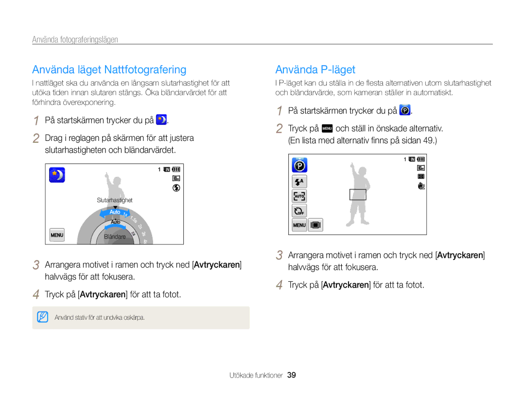 Samsung EC-WB210ZBPSE2 manual Använda läget Nattfotografering, Använda P-läget, Tryck på m och ställ in önskade alternativ 