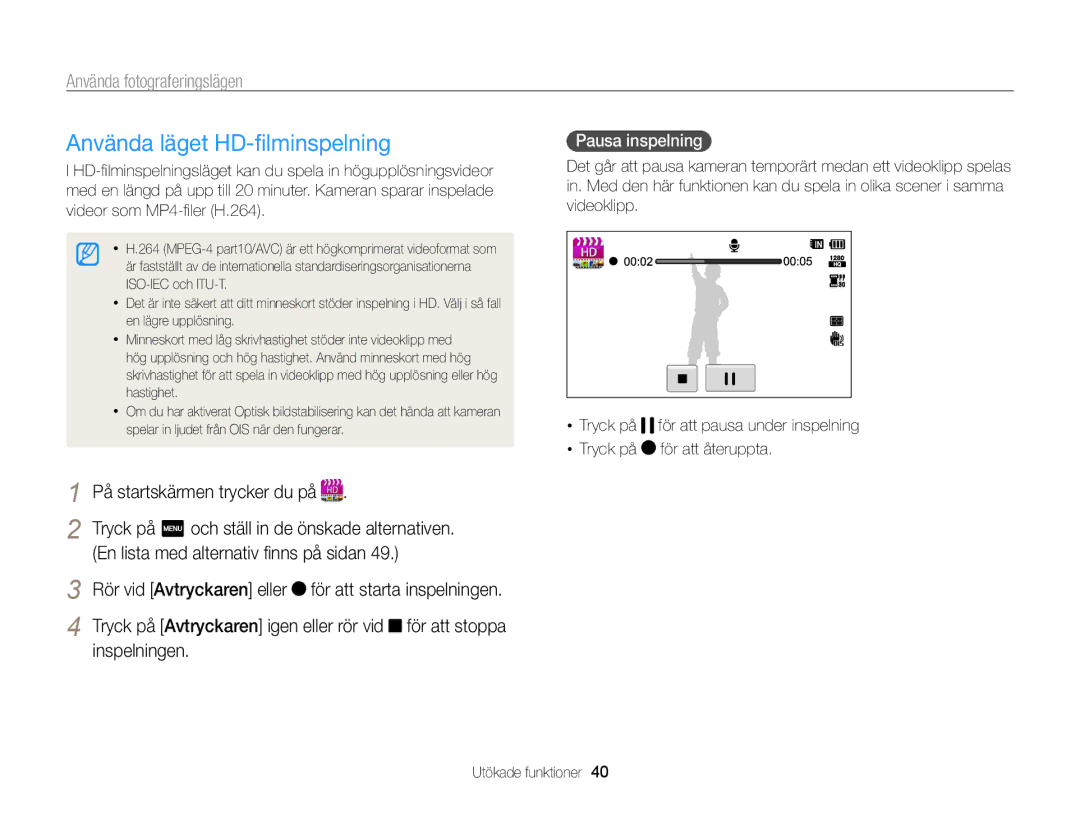 Samsung EC-WB210ZBPBE2 manual Använda läget HD-ﬁlminspelning, Tryck på m och ställ in de önskade alternativen, Inspelningen 