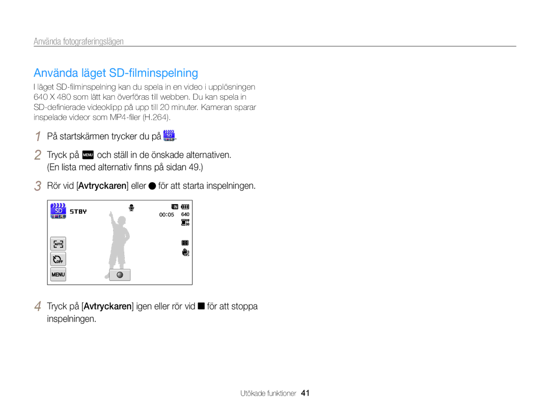 Samsung EC-WB210ZBPSE2, EC-WB210ZBPBE2 manual Använda läget SD-ﬁlminspelning 