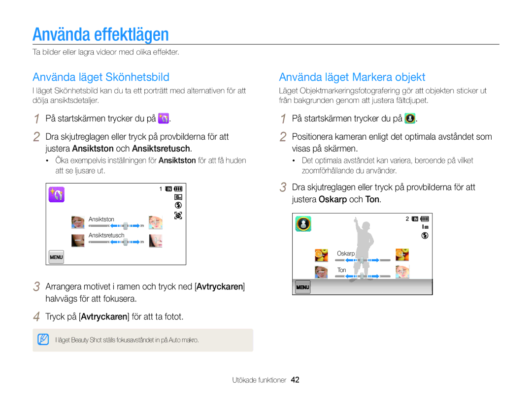 Samsung EC-WB210ZBPBE2, EC-WB210ZBPSE2 manual Använda effektlägen, Använda läget Skönhetsbild, Använda läget Markera objekt 