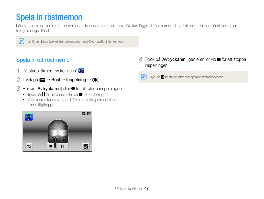 Samsung EC-WB210ZBPSE2, EC-WB210ZBPBE2 manual Spela in röstmemon, Spela in ett röstmemo, Tryck på m ““Röst ““Inspelning ““o 