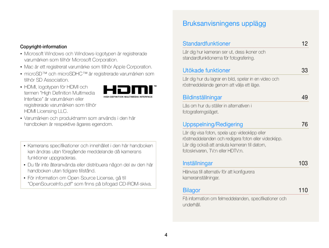 Samsung EC-WB210ZBPBE2, EC-WB210ZBPSE2 manual Bruksanvisningens upplägg, 103, 110 