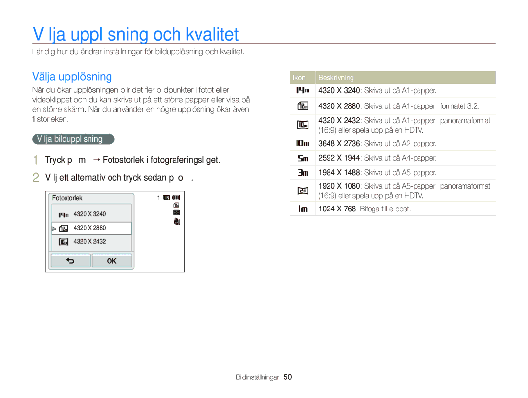 Samsung EC-WB210ZBPBE2, EC-WB210ZBPSE2 manual Välja upplösning och kvalitet, Välja bildupplösning 