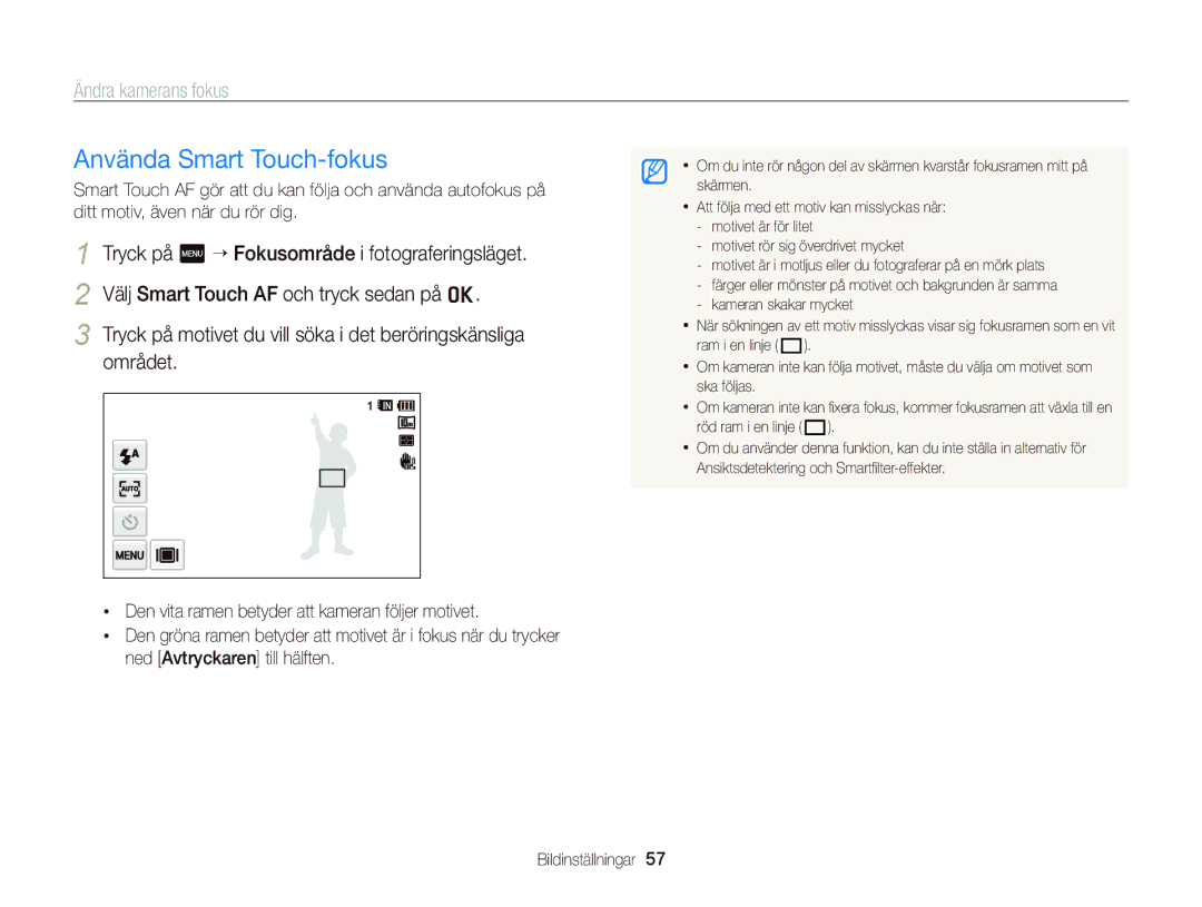 Samsung EC-WB210ZBPSE2, EC-WB210ZBPBE2 manual Använda Smart Touch-fokus, Ändra kamerans fokus 