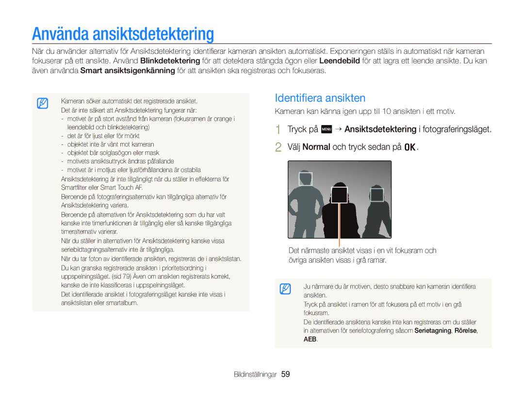 Samsung EC-WB210ZBPSE2, EC-WB210ZBPBE2 manual Använda ansiktsdetektering, Identiﬁera ansikten 