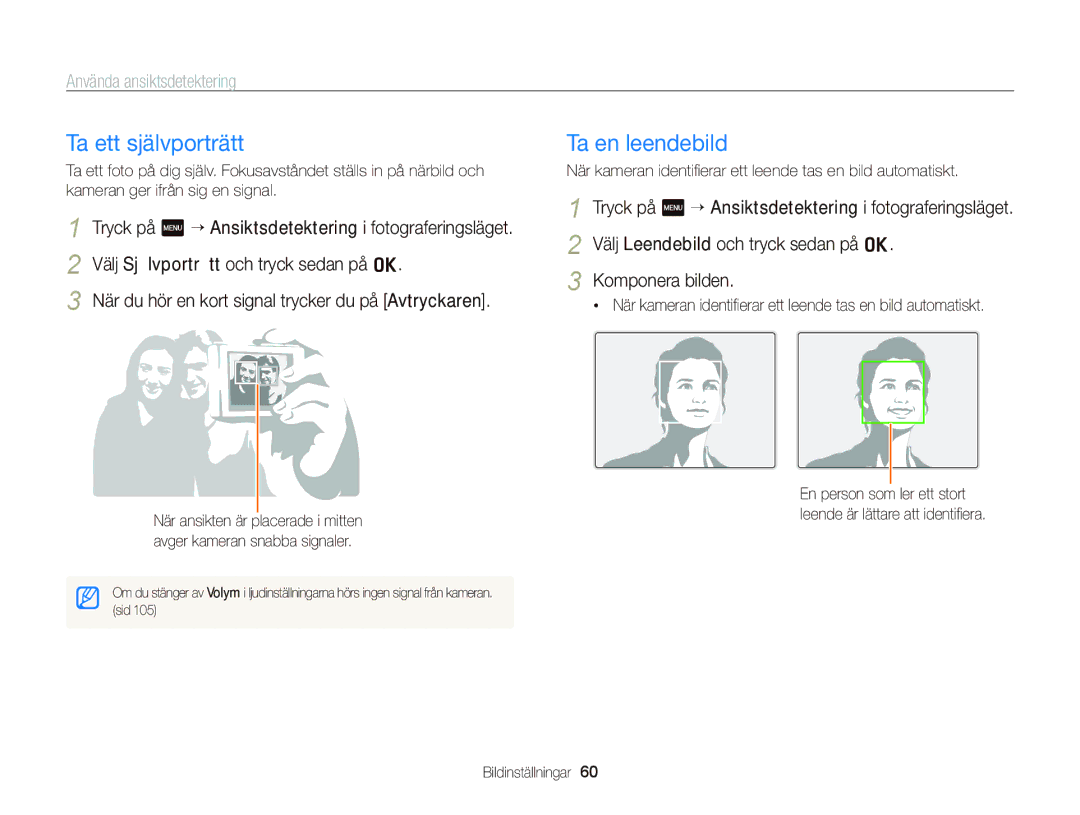 Samsung EC-WB210ZBPBE2, EC-WB210ZBPSE2 manual Ta ett självporträtt, Ta en leendebild, Använda ansiktsdetektering 