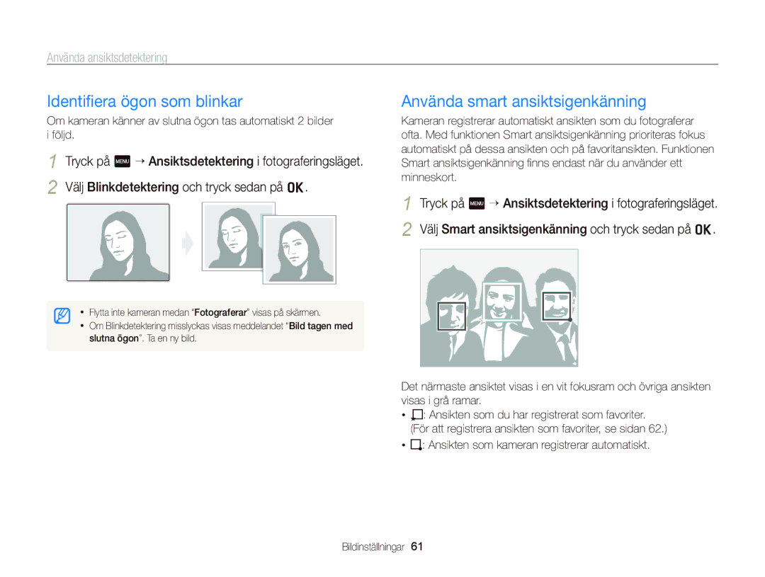 Samsung EC-WB210ZBPSE2, EC-WB210ZBPBE2 manual Identiﬁera ögon som blinkar, Använda smart ansiktsigenkänning 