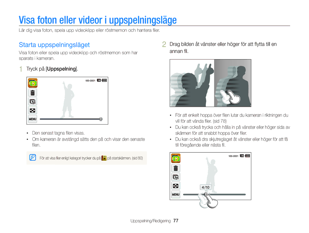 Samsung EC-WB210ZBPSE2 manual Visa foton eller videor i uppspelningsläge, Starta uppspelningsläget, Tryck på Uppspelning 