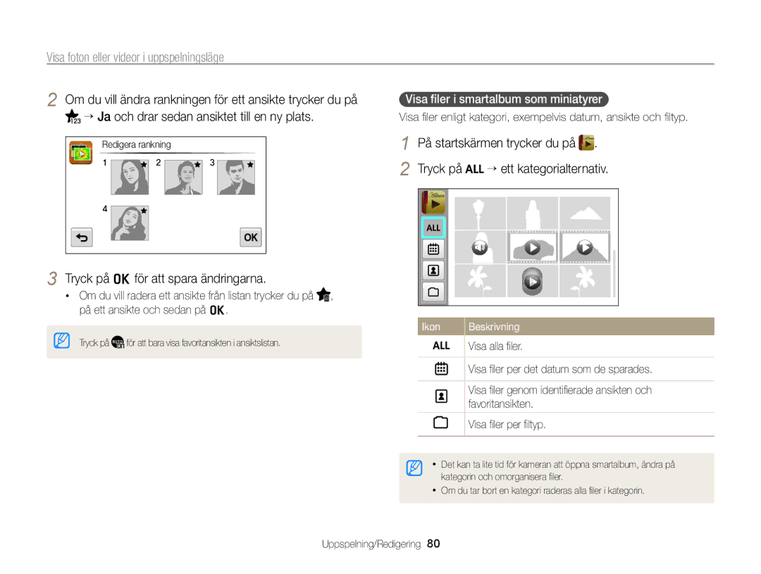 Samsung EC-WB210ZBPBE2, EC-WB210ZBPSE2 manual Tryck på oför att spara ändringarna, Visa ﬁler i smartalbum som miniatyrer 