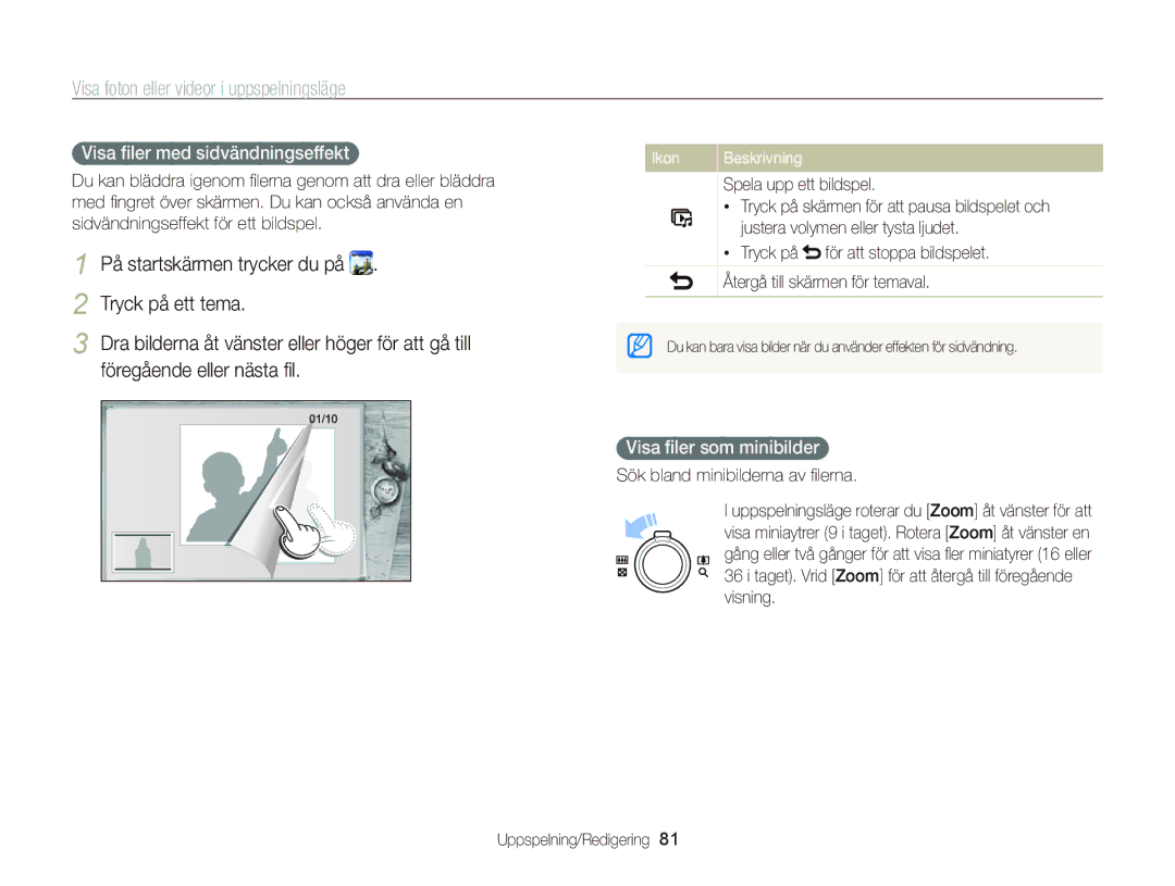 Samsung EC-WB210ZBPSE2, EC-WB210ZBPBE2 manual Tryck på ett tema, Föregående eller nästa ﬁl, Visa ﬁler med sidvändningseffekt 