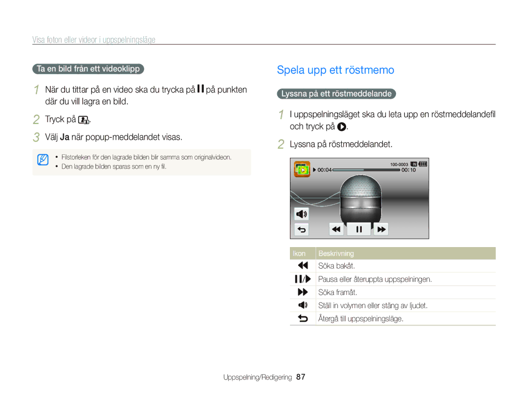 Samsung EC-WB210ZBPSE2, EC-WB210ZBPBE2 manual Ta en bild från ett videoklipp, Lyssna på ett röstmeddelande 