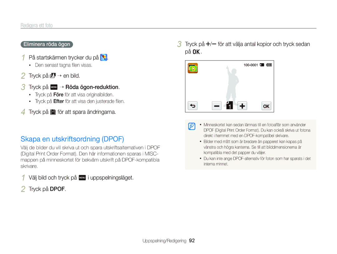 Samsung EC-WB210ZBPBE2, EC-WB210ZBPSE2 manual Skapa en utskriftsordning Dpof, Tryck på “ en bild, Eliminera röda ögon 