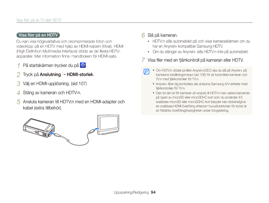 Samsung EC-WB210ZBPBE2, EC-WB210ZBPSE2 manual Visa ﬁler på en TV eller Hdtv 