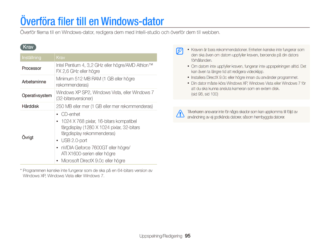 Samsung EC-WB210ZBPSE2, EC-WB210ZBPBE2 manual Överföra ﬁler till en Windows-dator, Inställning Krav 