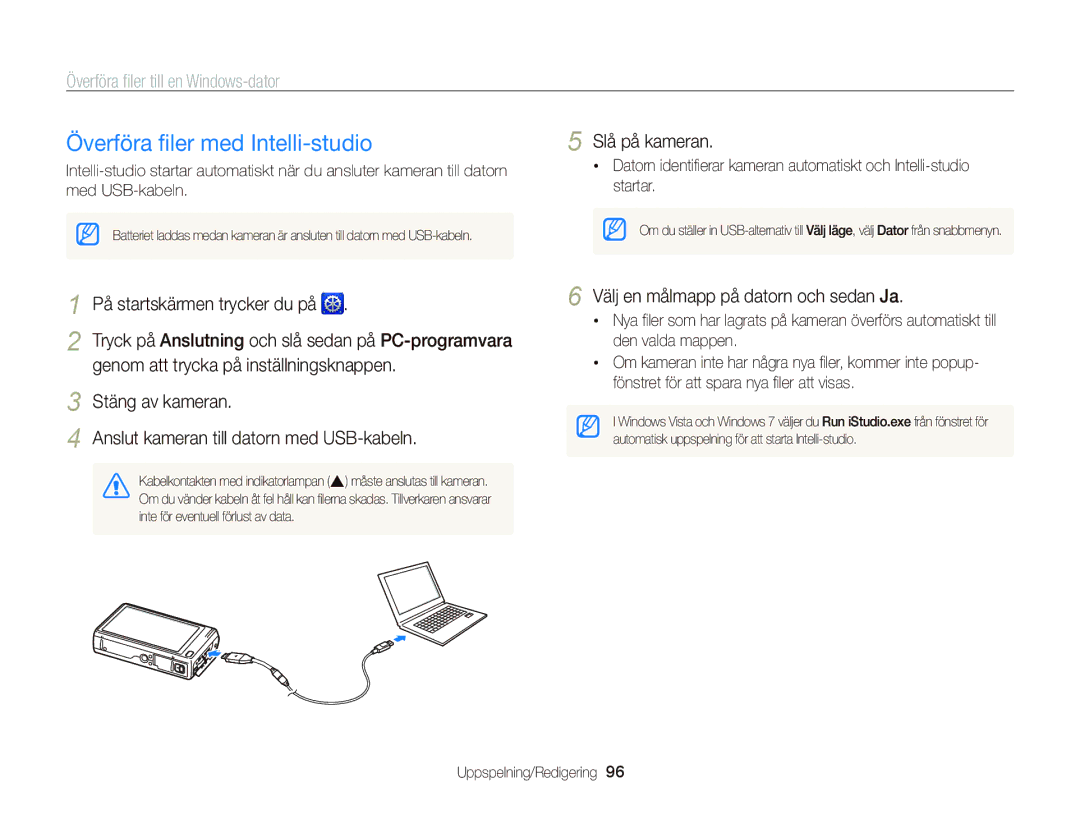 Samsung EC-WB210ZBPBE2, EC-WB210ZBPSE2 manual Överföra ﬁler med Intelli-studio, Överföra ﬁler till en Windows-dator 