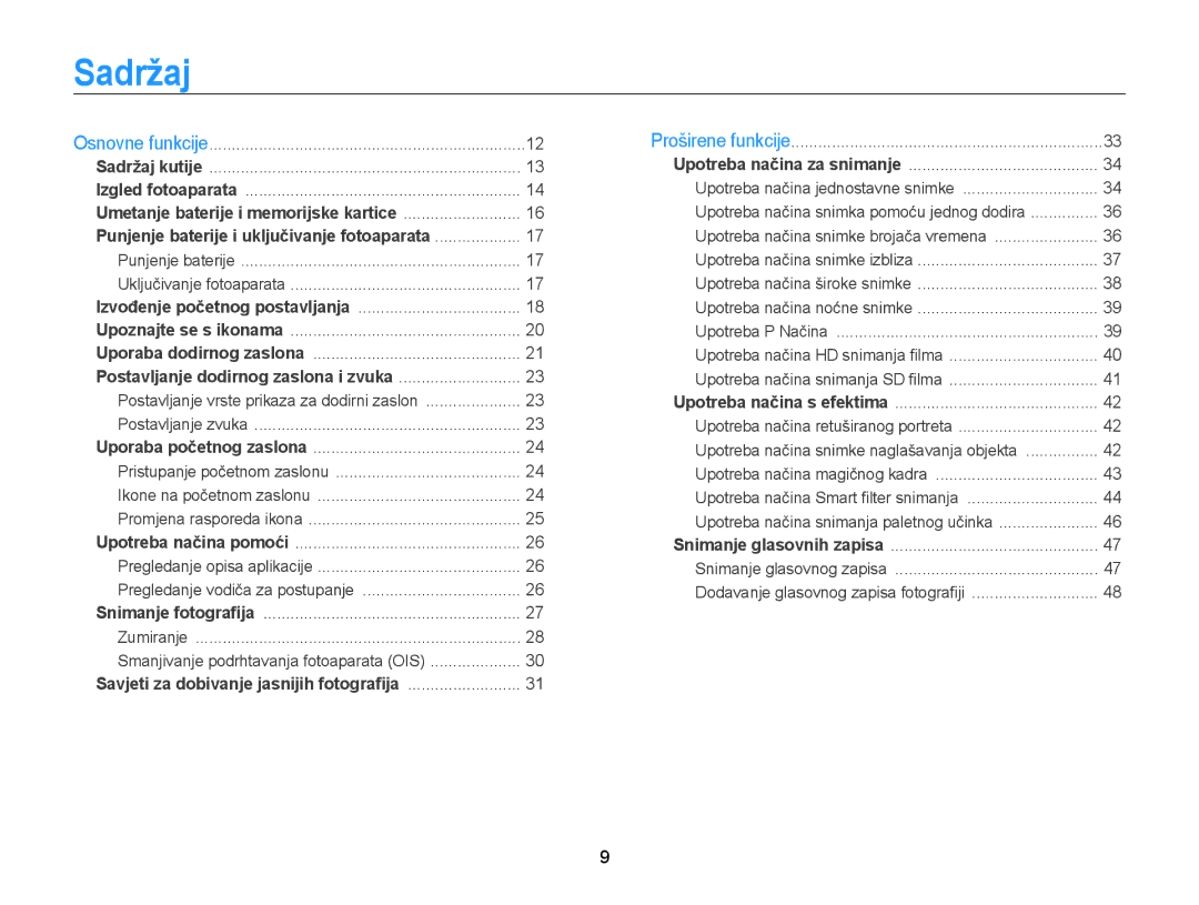 Samsung EC-WB210ZBPSE3 manual Sadržaj, Pregledanje vodiča za postupanje 