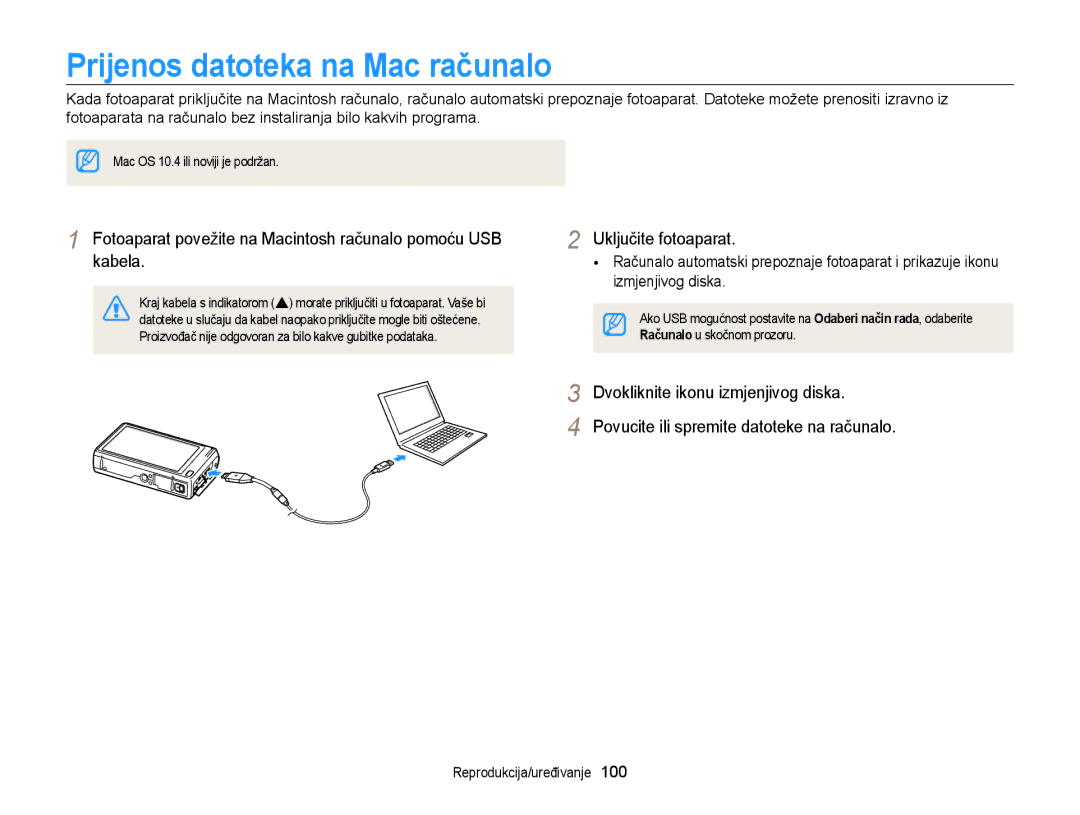 Samsung EC-WB210ZBPSE3 Prijenos datoteka na Mac računalo, Fotoaparat povežite na Macintosh računalo pomoću USB kabela 