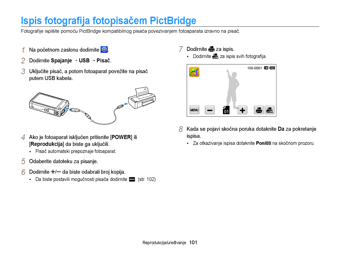 Samsung EC-WB210ZBPSE3 manual Ispis fotograﬁja fotopisačem PictBridge, Odaberite datoteku za pisanje, Dodirnite za ispis 