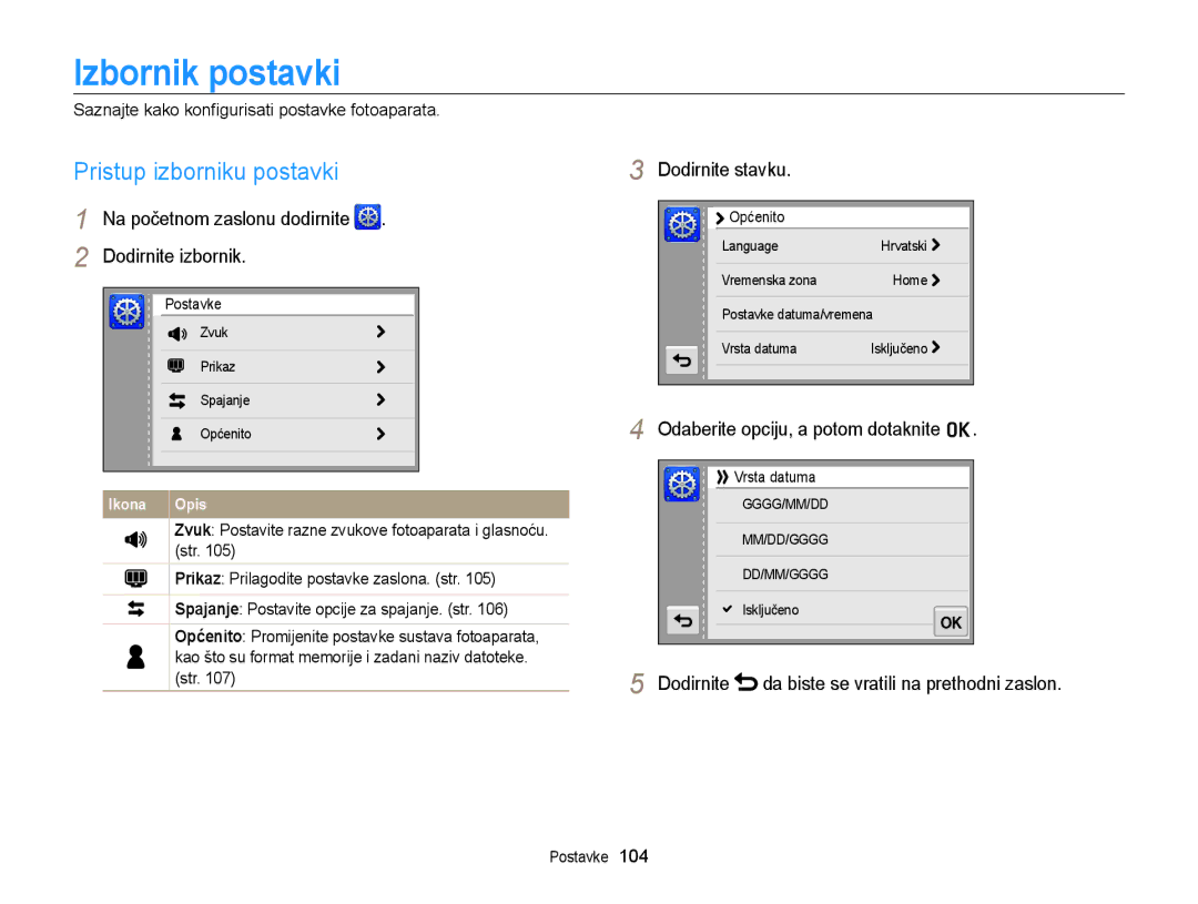 Samsung EC-WB210ZBPSE3 manual Izbornik postavki, Pristup izborniku postavki, Dodirnite izbornik, Dodirnite stavku 