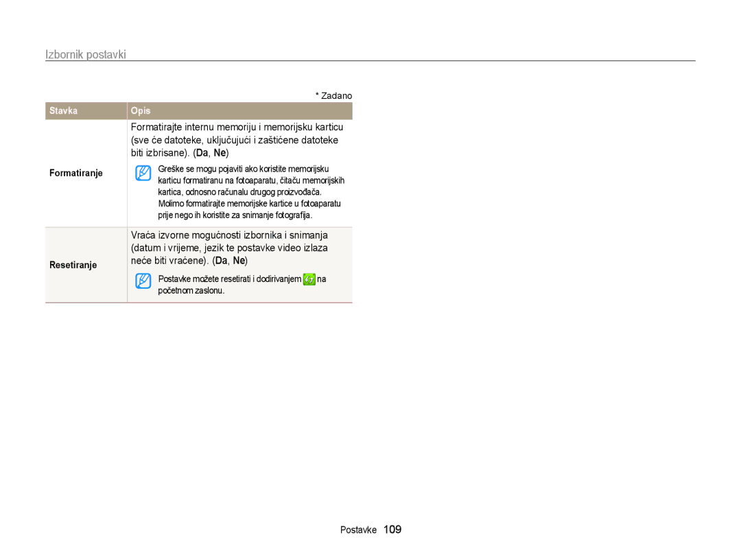 Samsung EC-WB210ZBPSE3 manual Biti izbrisane. Da, Ne, Neće biti vraćene. Da, Ne, Formatiranje, Resetiranje 